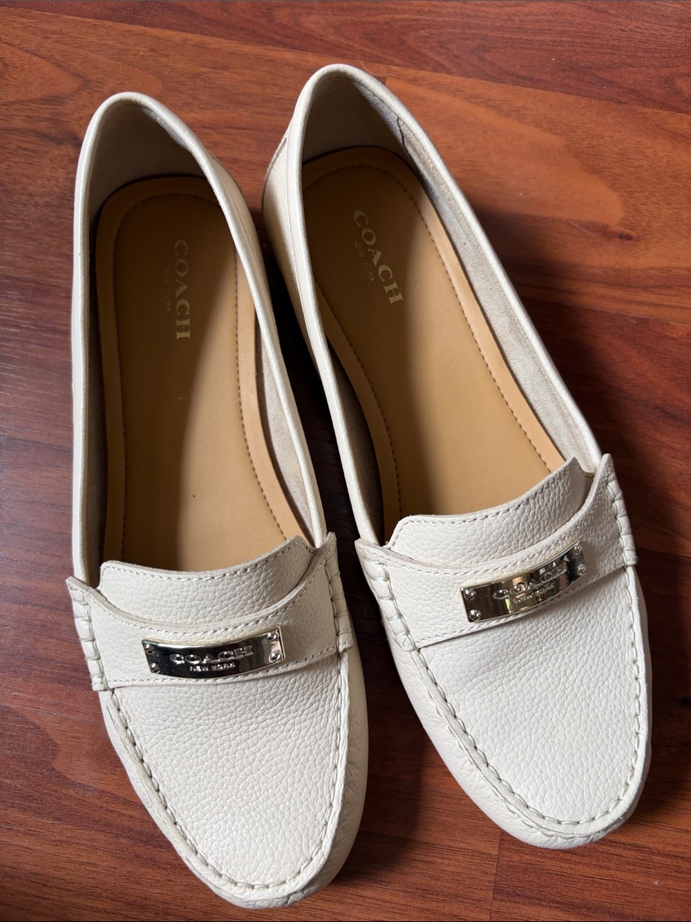 COACH Cream Leather Penny Loafers with Silver Plaque